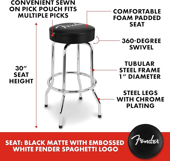 Fender Spaghetti Logo Swivel Barstool with Guitar Picks Pouch, Great Gifts for Dad, with 1 Year Limited Warranty, Simple Assembly, Black/Black, 30"