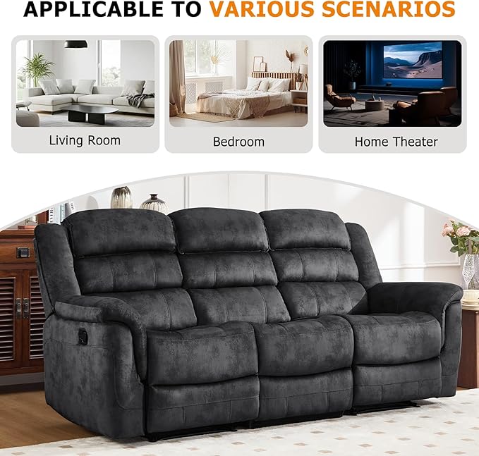 EBELLO 2 Pieces Reclining Couch Furniture Set, Soft Fabric Manual Recliner Sofa Home Theater Seating, Included Recliner Chair and 3 Seat Sofa, Grey