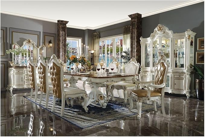 Acme Picardy Wood Double Pedestal Dining Table in Antique Pearl and Cherry Oak