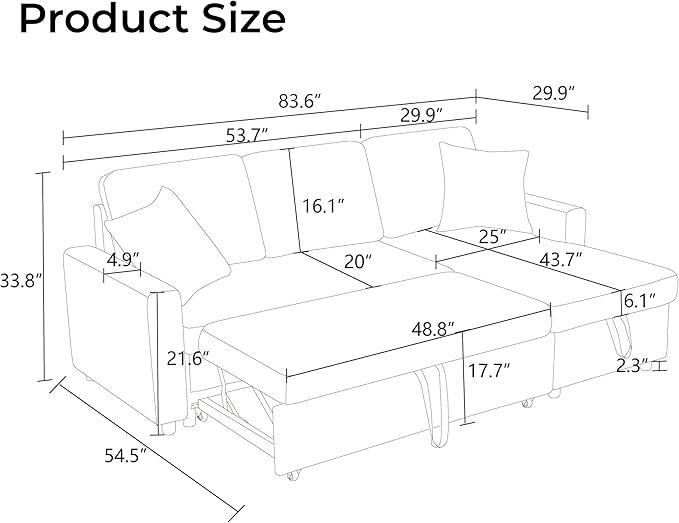 83 Inch Pull Out Couch, Convertible Sofa Bed for Living Room, Comfortable Sleeper Sofa with Pull Out Bed, Modern Sectional Couches with Storage Chaise, Easy Assembly for Apartment, Blue