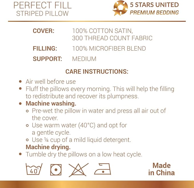 5 STARS UNITED Standard Size Pillows - Set of 2, 20x26, Super Soft Fiber Fill - Striped Satin Cotton Covers