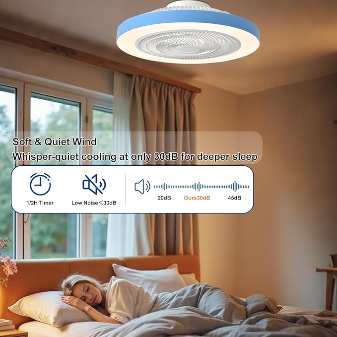 Depuley Modern Ceiling Fan with Light: 19" LED Flush Mount Low Profile Ceiling Fans with Remote & Smart APP Control - Blue Bladeless Fandelier Dimmable Quiet DC Motor for Bedroom Kids Room 6 Speeds