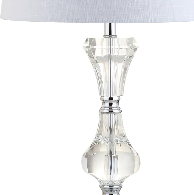 JONATHAN Y 25" Clear Crystal Table Lamp, Glam Traditional Faceted Glass Bedside Lamp for Living Room Bedroom, White Linen Shade, Chrome Accents, LED Bulb Included JYL2040A