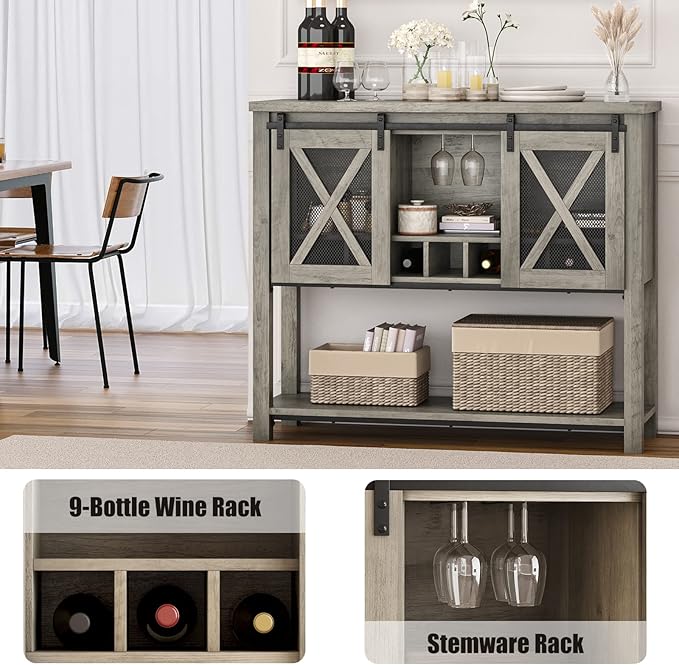 Bar Cabinet, Farmhouse Buffet Storage Cabinet with Wine Glass Rack, Wood Coffee Bar Table Kitchen Sideboards and Buffets with Barn Door, Liquor Cabinet Bar for Home, Dinning, Living Room