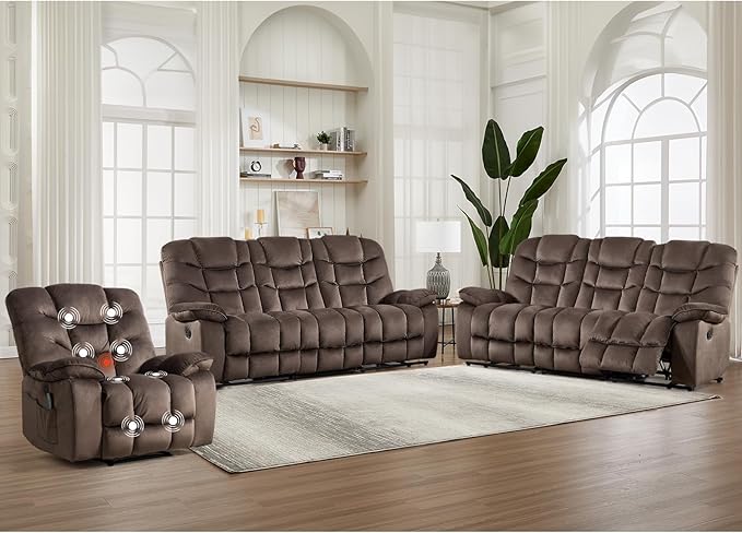 HAOMARKETS 3 Pieces Recliner Sofa Furniture Set, Include a Power Recliner Chair with Message&Heat and 2 3-Seater Reclining Couches for Living Room, Brown