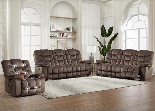 HAOMARKETS 3 Pieces Recliner Sofa Furniture Set, Include a Power Recliner Chair with Message&Heat and 2 3-Seater Reclining Couches for Living Room, Brown