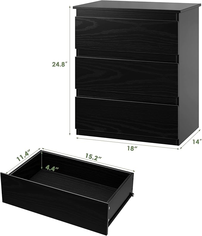 Bamjoy Black Nightstand with 3 Drawers, Beside Table with Drawers for Bedroom, Small Side Table Storage Cabinet 3 Drawer Night Stand for Home Office, 18.0W x 14.0D x 24.8H Inches