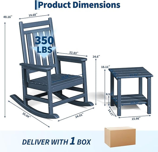 GarveeLife Poly Lumber Rocking Chair Outdoor Set of 2 with Side Table - HDPE High Back Porch Rocker Chairs for Adults - All Weather Resistant Furniture for Patio - Navy Blue