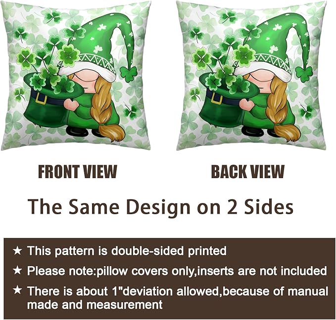 St Patricks Day Gnomes Throw Pillow Covers 16x16 Set of 2 Green Lucky Shamrock Decorative Pillow Cover St. Patrick's Clovers Bow Hat Cushion Cases Spring Rustic Outdoor Pillowcase for Couch Sofa