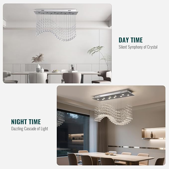 Siljoy 10 Lights Rectangle Wave Raindrop Crystal Chandelier Modern Rectangular Flush Mount Crystal Ceiling Light for Dining Room Living Room Kitchen Island L40'' x W11.8'' x H35.4''