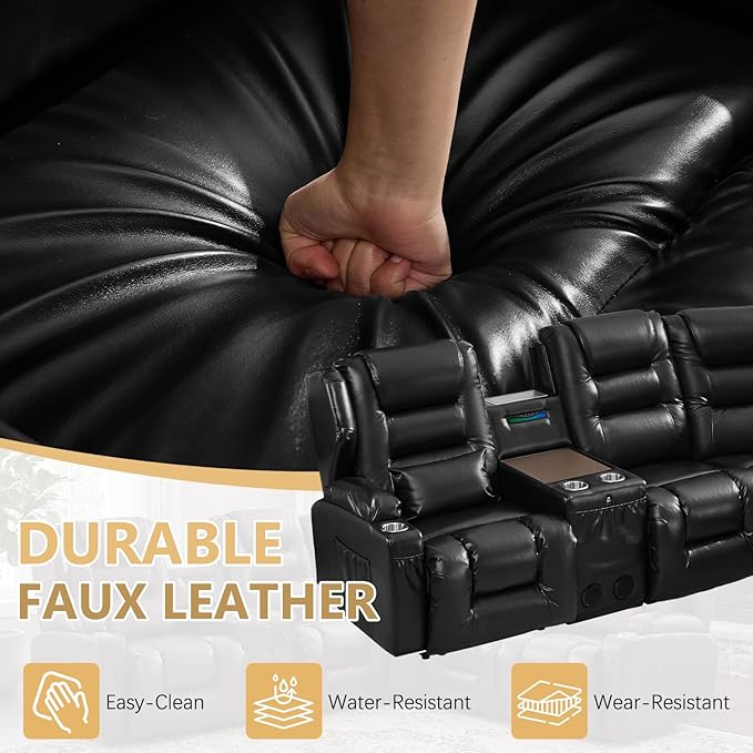 SAMERY Recliner Sectional Couch, Power Reclining Sectional Sofa, Wall Hugger Recliners RV Couch with Corner Couch, Flip-Backrest, Lift-Top Table, Ambient Lights, USB, Faux Leather, Black | Extra Wide Seat, Plush Padding, Dual Power Recline, Lift-Up Tab...