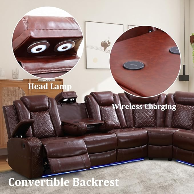 Power Reclinier Sectional Sofa Set,Brown Red Leather Reclining Sectional Modular Couch Set,L Shaped Leather Couch with LED Light for Living Room/House/Apartment/Lounge(L+3 Seats Sofa)