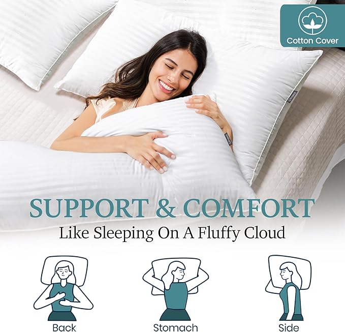 King Size Pillows Set of 2 Down Alternative – Soft & Fluffy King Pillow with Cotton Cover, Hotel Quality Pillows for Bed, Perfect Bed Pillows for Side and Back Sleepers, Size 20"x36"