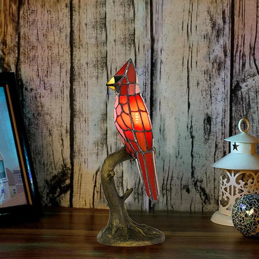 A0011 Cardinal Tiffany Style Table Lamp Handmade Stained Glass Red Bird Lamp in Height 14.5" Overall for Bedside Livingroom Bedroom Home Decoration (Red Cardinal)