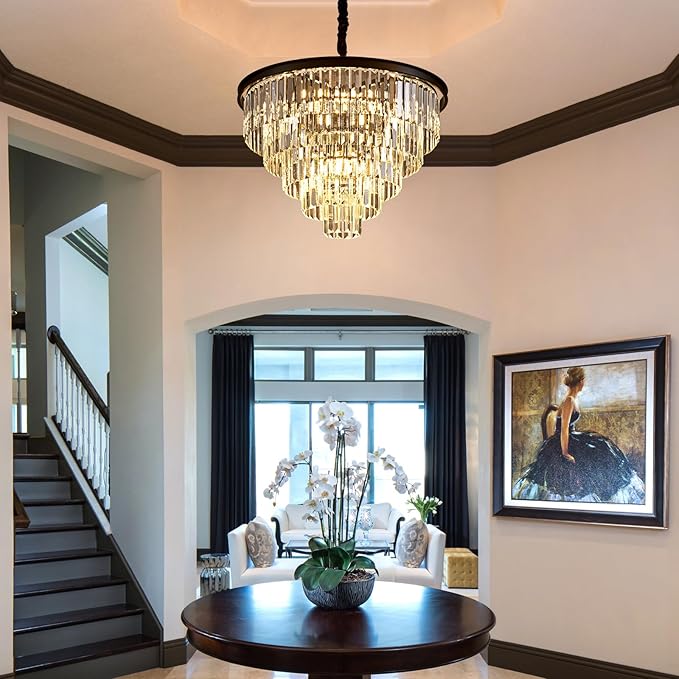 23.23" Black Crystal Chandelier 12-Light Modern Crystal Pendant Ceiling Light Fixture 5-Tier Luxury K9 Crystal Chandeliers,for Dining Room Kitchen Island Living Room Bedroom