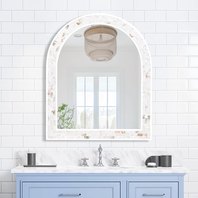 Tanmicoshomy White Arched Wall Mirror 30x36 Inches, Mosaic Bathroom Mirror with Shell Frame for Bathroom Living Room Bedroom or Entryway