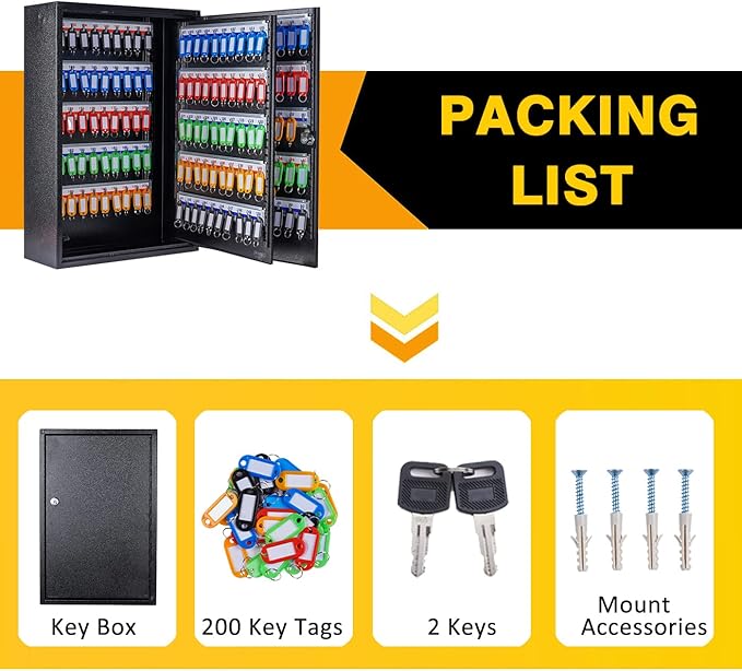 Furnishh Key Box Wall Mount 200 Position Metal Locking Key Cabinet Organizer with Key Tags Key Safe Security Storage Lockbox Holder for Valets, Hotels, Car and House Keys, Key Keeper Box - Black