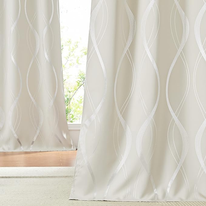 NICETOWN Blackout Curtains Panels for Bedroom, Beige, 2 Panels, 42 x 72 Inch, Microfiber Noise Reducing Thermal Insulated Wave Line Foil Print Design Blackout Curtains for Patio Sliding Glass Door