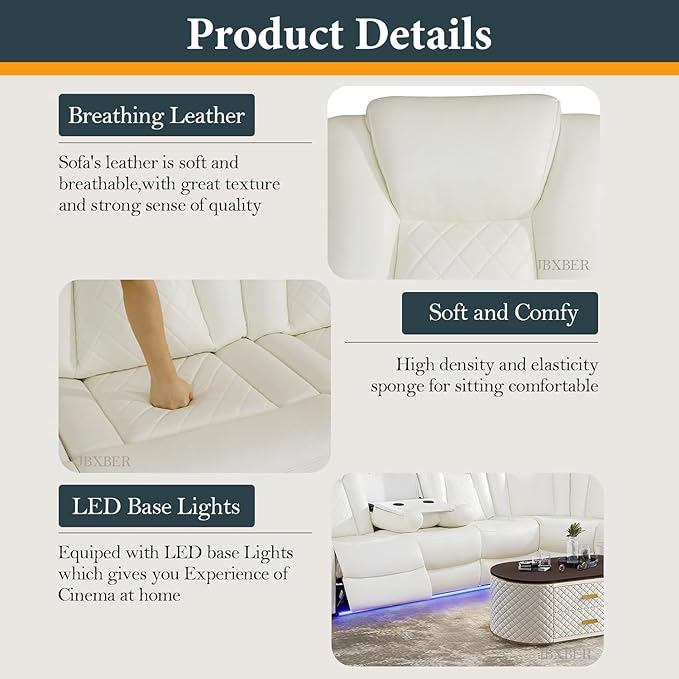 Power Recliner Sectional Sofa Set, Creamy Leather Sectional Couch and 3 Seater Sofa for Living Room, L Shape Reclining Sofa with Cup Holder, Hidden Storage, Coffee Table for House(9 Seat)