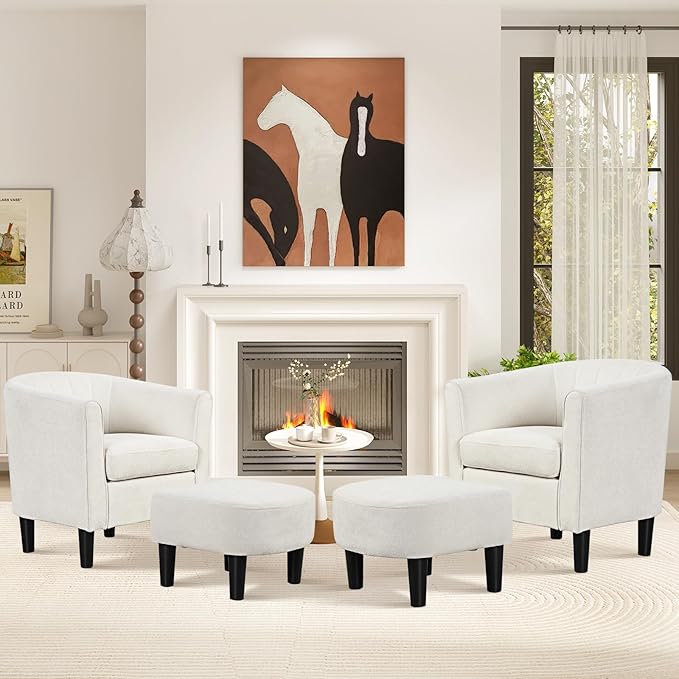 KOMFOTT Accent Chair with Ottoman, Upholstered Teddy Velvet Barrel Chair with Footrest, Comfy Club Sofa with Curved Backrest, Thick Seat Cushion, Modern Arm Chair for Living Room, Bedroom, Beige