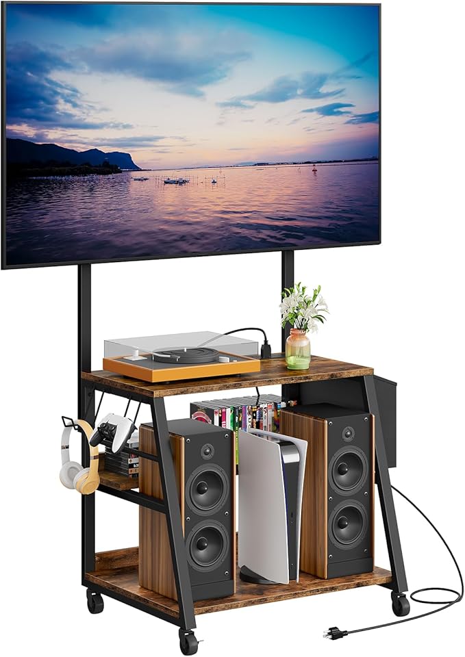 Mobile TV Stand with Charging Station, Adjustable Mount and Wheels, Rolling TV Console Table, Entertainment Center, for up to 75 inch TVs, 3-Tier Storage Shelf, Rustic Brown and Black TDS03UBF