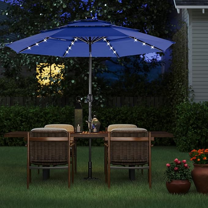 DUMOS 10FT 3 Tier Patio Umbrella with 32 LED Lights, 8 Ribs Outdoor Table Umbrella with Crank, Waterproof Market Umbrella for Pool, Beach, Terrace and Outdoor Restaurant, Navy Blue