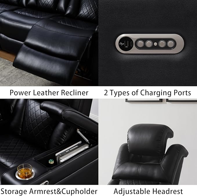 THSUPER Power Breathable Leather Reclining Chair with 7-Color LED Light, Living Room Recliner Chair with Adjustable Headrest/USB Port/Cup Holder/Storage Arm for Living Room, Black