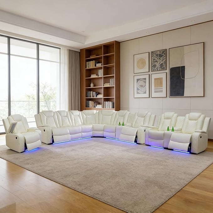 Power Recliner Sectional Sofa Set, Creamy Leather Sectional Couch, Loveseat and Chair for Living Room, L Shape Reclining Sofa with Cup Holder, Hidden Storage, Coffee Table for House(9 Seat)