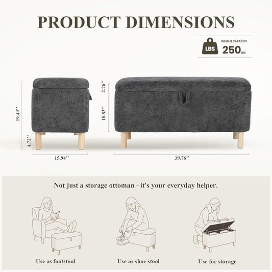 Ottoman with Storage, Storage Ottoman Bench, Entryway Bench with Wood Legs for Living Room, Sitting Area, 2PCS, Dark Grey