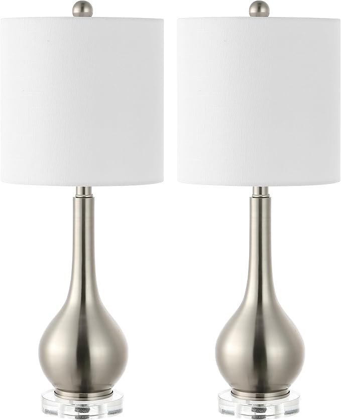 JONATHAN Y 25" Nickel Metal and Crystal Teardrop LED Table Lamp for Bedroom Living Room Bedside Nightstand, White Linen Drum Shade, LED Bulb Included, Set of 2 (JYL5010B-SET2)