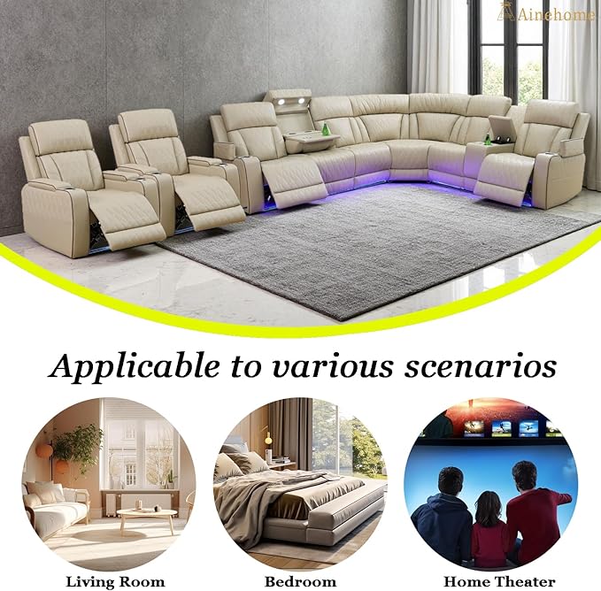 A Ainehome Reclining Sectional Sofa Set with USB Chargers, Leather Living Room Set, L Shaped Recliner Couch with 4 Recliner Seats/Storage Console for Living Room/Office/Home Theather(C-Beige)