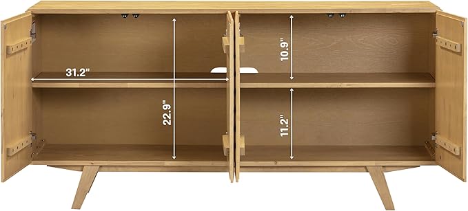 NTC Sapa Mid-Century Modern Solid Wood Sideboard – 4-Door Accent Buffet Cabinet with Carved Geometric Fronts, for Living Room, or Entryway, Effortless Assembly, Sand