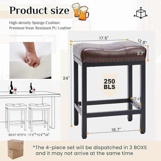 Bar Stools Set of 4, Upholstered Counter Height Stools with Padded Seats and Metal Base, Leather Saddle Stool for Modern Kitchen Island, 22.4-Inch, Brown