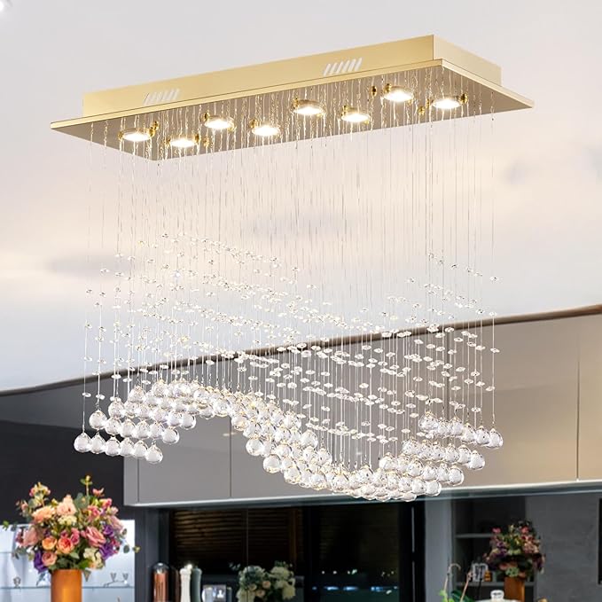 Siljoy Gold Rectangle Crystal Chandelier for Dining Room, 31.5'' Modern Wave Raindrop Crystal Chandelier, 8-Light Luxury Rectangular Pendant Ceiling Light for Living Room Kitchen Island