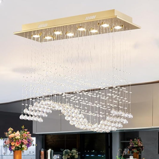 Siljoy Gold Rectangle Crystal Chandelier for Dining Room, 31.5'' Modern Wave Raindrop Crystal Chandelier, 8-Light Luxury Rectangular Pendant Ceiling Light for Living Room Kitchen Island