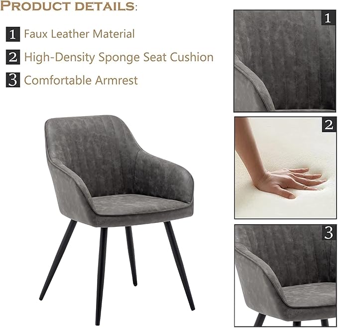 annjoe Faux Leather Accent Chair Arm Chairs Living Room Chairs Leisures Chair Upholstered Chair with Metal Legs Set of 2 for Home Kitchen Office Bistro Cafe, Gray