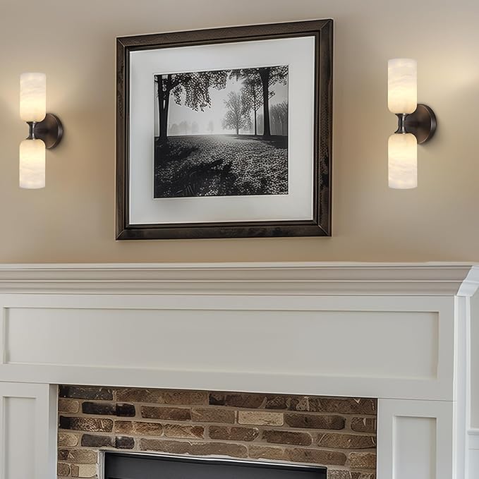 Alabaster Wall Sconce 14in Black Sconces Wall Lighting, Imported Alabaster Modern Marble Bathroom Vanity Sconces, Black Sconce Wall Decor, for Bedroom Living Room Staircases Hallway Foyer