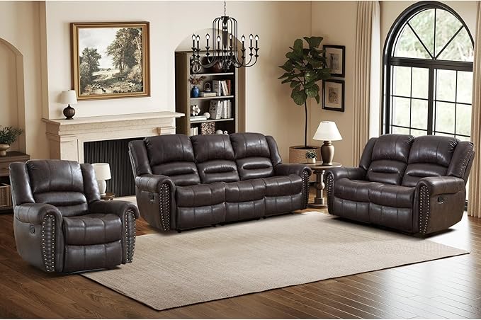 EBELLO Recliner Sofa Furniture Set for Living Room, Faux Leather Recliner Chair, Manual Loveseat, 3 Seat Recliniing Sofa Couch Set Vintage Rivet Mid-Century Design for Living Room, Dark Brown