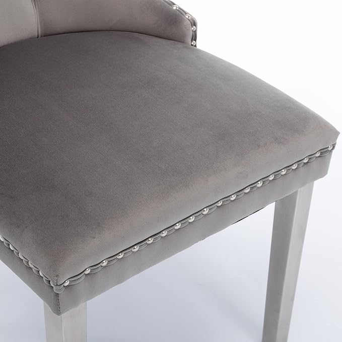 Solid Wood Dining Chair with Nailhead Trim,Velvet Upholstered W/Chrome Stainless Steel Plating Legs,Set of 2,for Living Room,Apartemnt,Gray and Chrome