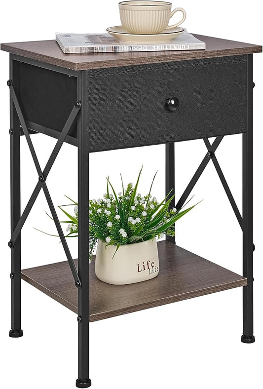 VECELO Nightstand, X-Design End Side Table with Fabric Storage Drawer and Open Shelf, Bedside Night Stand with Steel Frame for Bedroom, Living Room,Dorm, Easy Assembly, Gray