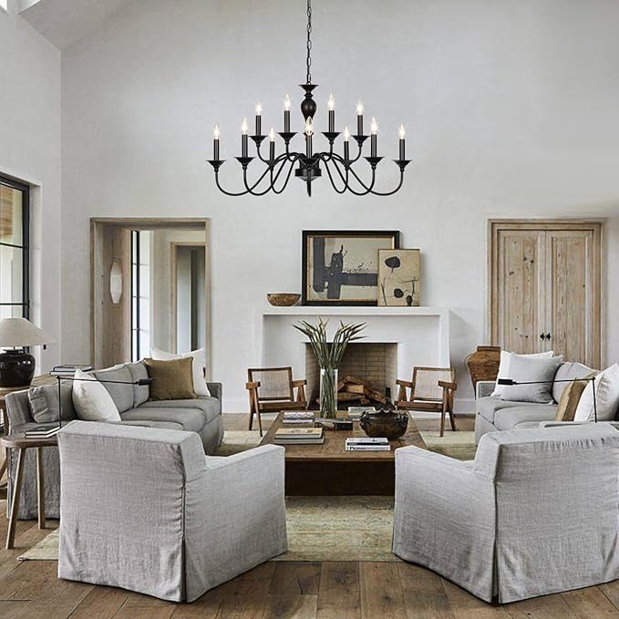 Black Farmhouse Chandeliers for Dining Room Light Fixtures Over Table, 12 Light Industrial Candle Hanging Chandeliers for Living Room Kitchen Island Foyer Staircase