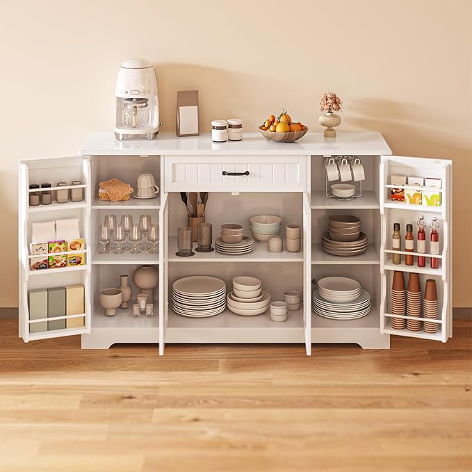 Gizoon 56" Kitchen Coffee Bar Cabinet with Storage Kitchen Sideboard Buffet Cabinet with Drawers, Short Pantry with Door and Shelves for Bathroom and Living Room, White