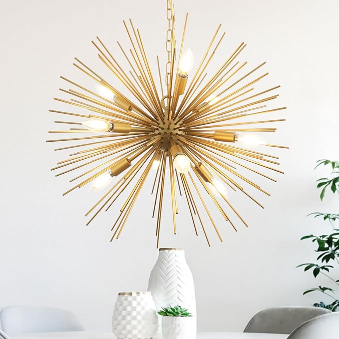 23.8" Modern Sputnik Chandelier 9-Lights Mid-Century Modern Starburst Golden Chandelier Luxury Gold Solid Metal Sputnik Satellite Chandeliers for Dining Room, Kitchen Island, Bedroom, E12