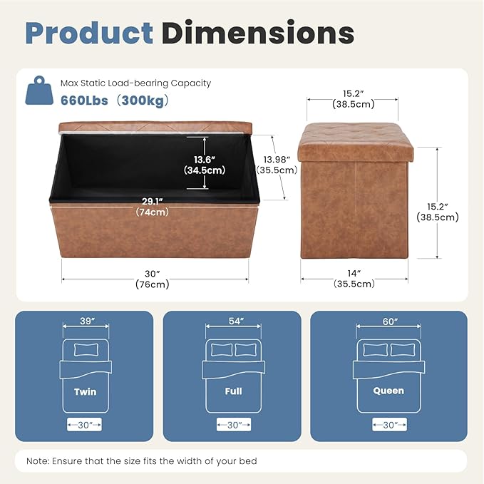 DUMOS 30 Inches Folding Ottoman with Storage Bench, Foot Rest Stool, End of Bed Storage Bench Upholstered, Load 660 lbs, for Living Room, Lychee Grain Leather, Brown