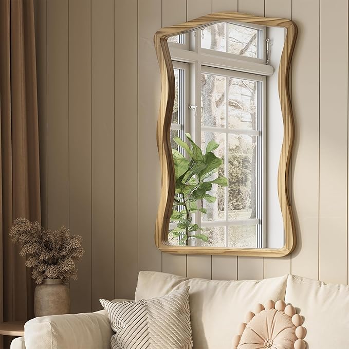 ULIKE Wavy Wall Mirror for Bathroom, 24x36 Wood Frame Mirror for Over Sink, Rustic Wall Mirrors Decorative and Vanity Mirrors for Bedroom Living Room Entryway, Brown