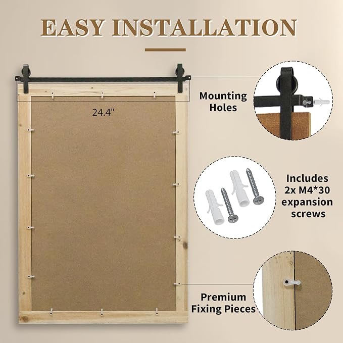 Farmhouse Barn Door Mirror, 25" x 38" Rustic Bathroom Mirror, Wood Framed Wall Mirrors, Rectangular Decor Mirrors for Living Room, Bedroom, Entryway, Brown