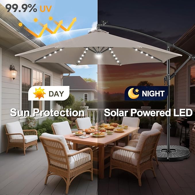 FLAME&SHADE 10ft Solar Cantilever Umbrella with 40 LED Lights, Lighted Large Offset Outdoor Patio Umbrellas, 8 Sturdy Ribs, UPF50+ UV Protection for Pool Deck Garden Yard, Taupe
