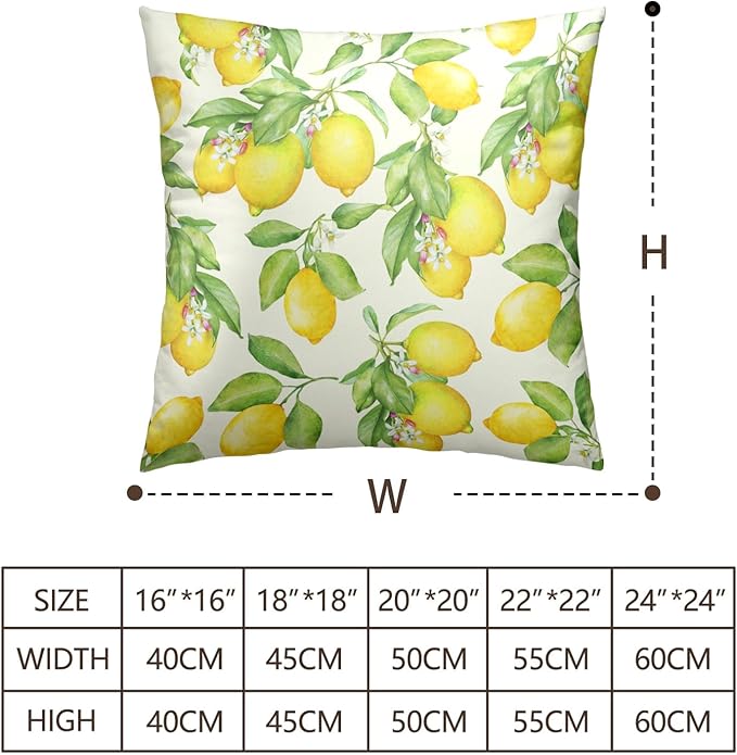 Lemon Pillow Covers 18x18 Set of 2 Summer Fruit Yellow Lemon with Green Leaf Floral Decorative Pillows Cases Watercolor Outdoor Square Cushion Cover for Farmhouse Living Room Decor