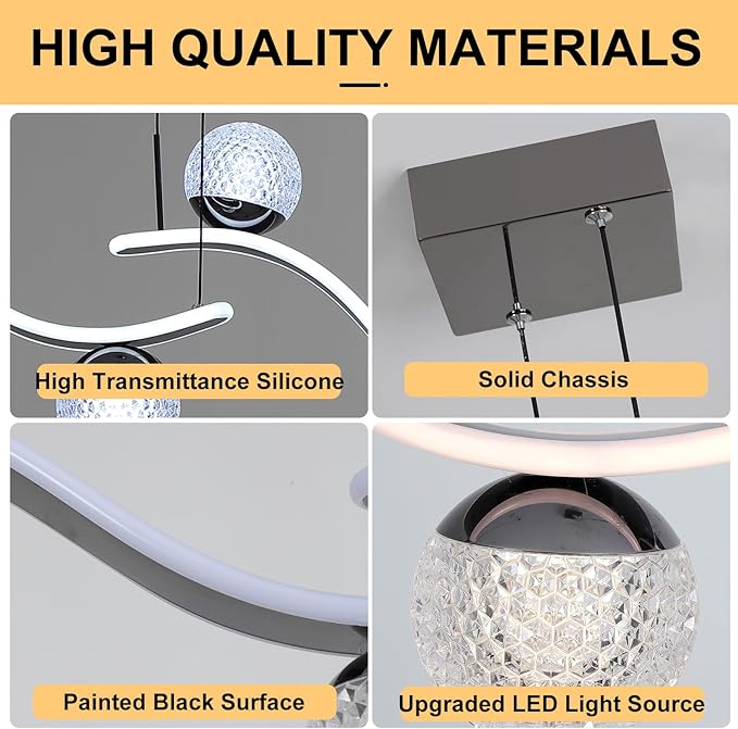 Modern LED Globe Pendant Light, 39in Dimmable Black Hanging Chandelier Light Fixture, 2-Wave Kitchen Pendant Lighting Over Island, Dining Room Lights Ceiling Hanging Over Table (2-Bulb)