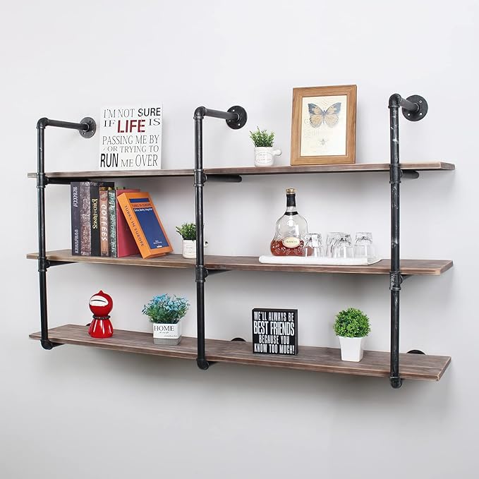 MBQQ Industrial Pipe Shelving Wall Mounted,63in Rustic Metal Floating Shelves,Steampunk Real Wood Book Shelves,Wall Shelf Unit Bookshelf Hanging Wall Shelves,Farmhouse Kitchen Bar Shelving(3 Tier)